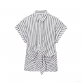 Women's Striped Tie Front Shirt Casual Linen Blend V-Neck Short Sleeve Button Down Blouse Summer Holiday Breathable Fashionable Top for Women