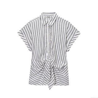 Women's Striped Tie Front Shirt Casual Linen Blend V-Neck Short Sleeve Button Down Blouse Summer Holiday Breathable Fashionable Top for Women