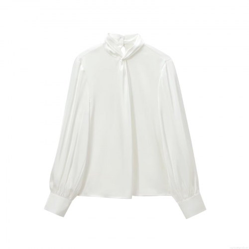Women Elegant Twist Knot Mock Neck Satin Blouse Long Sleeve Acetate Polyester Solid Color Shirt For Office Party Casual Fashion Tops