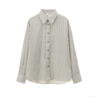 Women's Striped Long Sleeve Blouse Shirt Polyester Lapel Single Breasted Draped Top For Office Daily Wear Casual Temperament Elegant Fashion Apparel