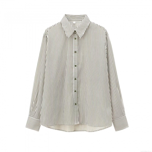 Women's Striped Long Sleeve Blouse Shirt Polyester Lapel Single Breasted Draped Top For Office Daily Wear Casual Temperament Elegant Fashion Apparel