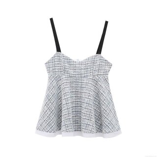 Women's Elegant Blue and White Tweed Camisole Top with Contrast Black Thin Straps Slim Fit Back Invisible Zipper Sexy Summer Tank Top for Party
