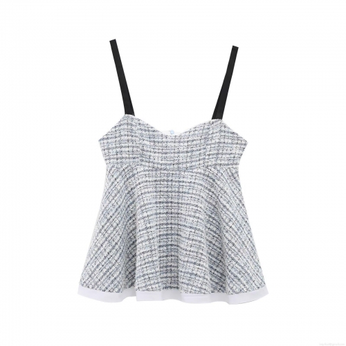 Women's Elegant Blue and White Tweed Camisole Top with Contrast Black Thin Straps Slim Fit Back Invisible Zipper Sexy Summer Tank Top for Party