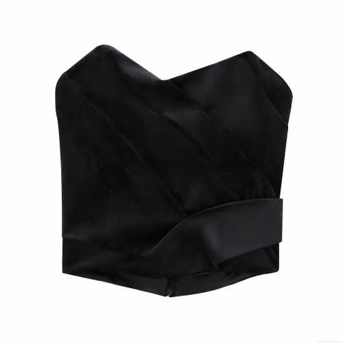 Women Sexy Velvet Tube Top Strapless Criss Cross Ruched Bandeau With Back Zipper Elegant Satin Crop Top For Party Night Club Black Slim Fit Tank Top