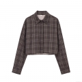 Women's Casual Plaid Shirt Elegant Long Sleeve Cropped Blouse Polyester Grid Pattern Button Down Top For Daily Commute Fashion Socialite Style