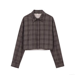 Women's Casual Plaid Shirt Elegant Long Sleeve Cropped Blouse Polyester Grid Pattern Button Down Top For Daily Commute Fashion Socialite Style