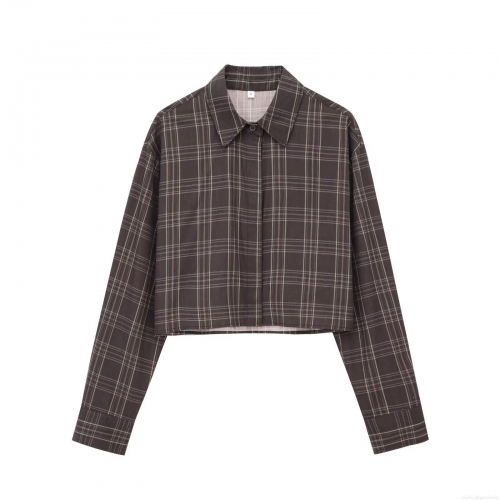 Women's Casual Plaid Shirt Elegant Long Sleeve Cropped Blouse Polyester Grid Pattern Button Down Top For Daily Commute Fashion Socialite Style