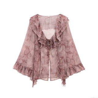 Women's Elegant Snake Skin Print Chiffon Blouse With Ruffle Tie-Neck Long Flared Sleeve Button Down Shirt For Office Daily Ladies