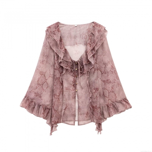 Women's Elegant Snake Skin Print Chiffon Blouse With Ruffle Tie-Neck Long Flared Sleeve Button Down Shirt For Office Daily Ladies