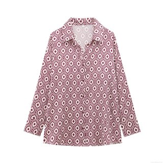 Women's Elegant Long Sleeve Button Down Blouse Shirt Geometric Water Drop Print Stretch Satin Polyester Fabric Wine Red Beige Tops for Office Casual Wear