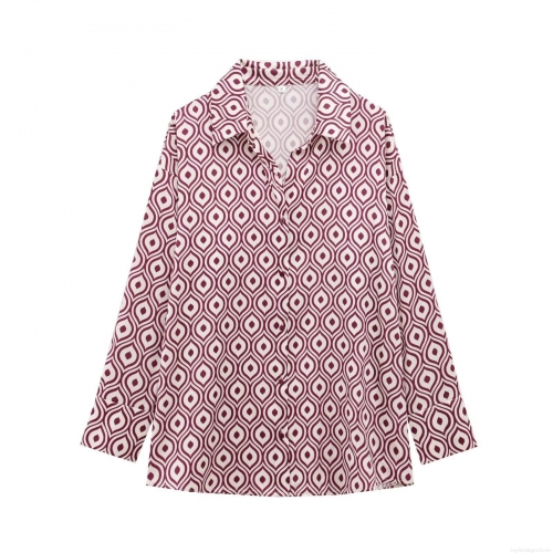 Women's Elegant Long Sleeve Button Down Blouse Shirt Geometric Water Drop Print Stretch Satin Polyester Fabric Wine Red Beige Tops for Office Casual Wear