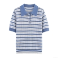 Women Summer Casual Knit Polo Shirt Blue White Striped Pointelle Hollow Out Short Sleeve Button Down Tops For Vacation Daily Wear
