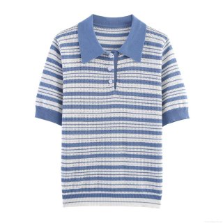 Women Summer Casual Knit Polo Shirt Blue White Striped Pointelle Hollow Out Short Sleeve Button Down Tops For Vacation Daily Wear