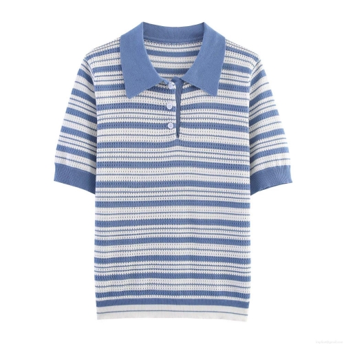 Women Summer Casual Knit Polo Shirt Blue White Striped Pointelle Hollow Out Short Sleeve Button Down Tops For Vacation Daily Wear
