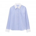 Women's Blue and White Striped Long Sleeve Shirt Contrast White Collar Patchwork Button Down Blouse With Chest Pocket Casual Office Fashion Tops