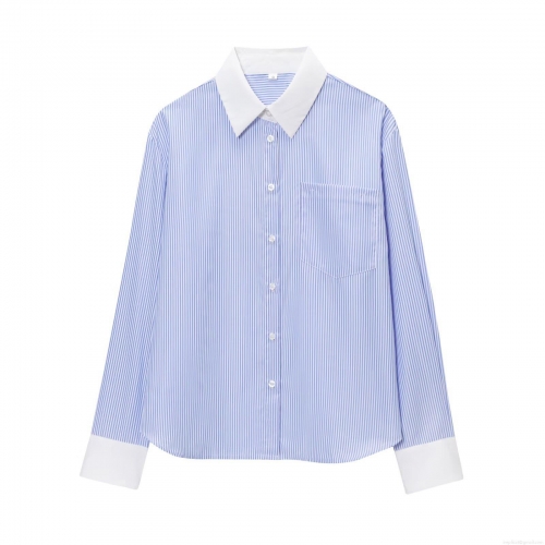 Women's Blue and White Striped Long Sleeve Shirt Contrast White Collar Patchwork Button Down Blouse With Chest Pocket Casual Office Fashion Tops