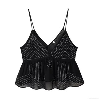 Women's Sexy Beaded Camisole Top Black Chiffon Silver Sequin Embroidery V Neck Sleeveless Tank Top For Party Club Streetwear Ladies