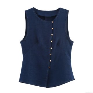 Women's Slim Fit Linen Texture Vest Elegant Double Breasted Tank Top With Gold Metal Buttons For Daily Office Wear Short Sleeveless Top For Women