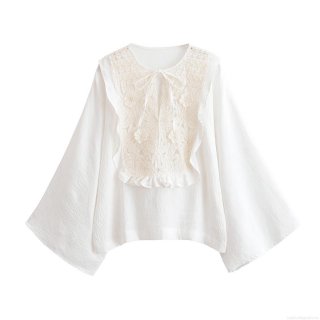 Women's Long Sleeve Lace Patchwork Blouse Elegant Embroidery Ruffle Tie Neck Shirt Solid White Casual Sweet Tops for Ladies
