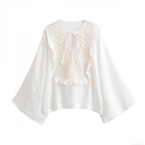 Women's Long Sleeve Lace Patchwork Blouse Elegant Embroidery Ruffle Tie Neck Shirt Solid White Casual Sweet Tops for Ladies