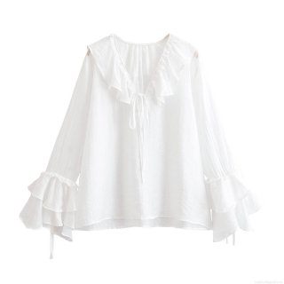 Women Elegant Solid Color Ruffle Blouse Long Sleeve Tiered Flared Cuffs Bow Tie V-Neck Polyester Shirt Casual Chic Lady Daily Office Tops