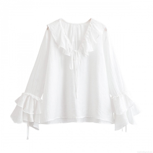 Women Elegant Solid Color Ruffle Blouse Long Sleeve Tiered Flared Cuffs Bow Tie V-Neck Polyester Shirt Casual Chic Lady Daily Office Tops