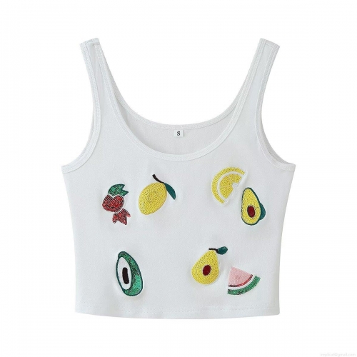 Women's Sexy White Fruit Sequin Embroidery Ribbed Knit Crop Tank Top Sweet Sleeveless Slim Fit Summer Top with Avocado Lemon Watermelon Cherry Patterns