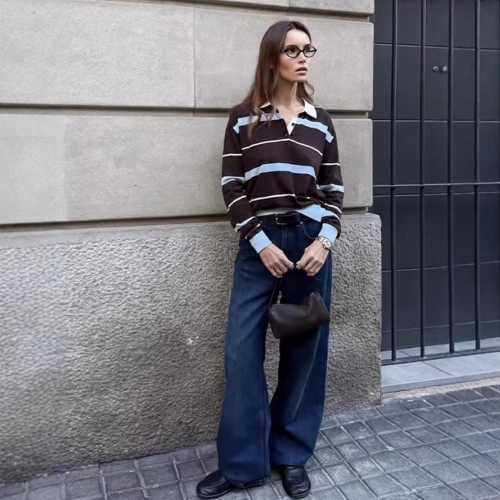 Women's Retro Striped Polo T-Shirt Polyester Blend Long Sleeve Turn-down Collar Contrast Color Chic Streetwear Casual Top For Women