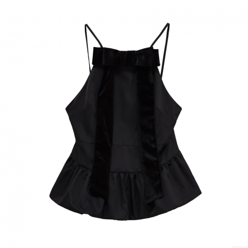 Women's Black Polyester Velvet Bow Camisole Top Elegant Peplum Hem Spaghetti Strap Backless Blouse For Summer Party Date Night Slim Fit Sexy Crop Top