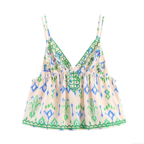 Women's Bohemian Ethnic V-Neck Cami Top With Sequins Embroidery Tassel Summer Holiday Sleeveless Polyester Acrylic Tank Top For Women