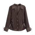 Women's Elegant Pleated Coffee Brown Long Sleeve Blouse With Bow Tie Cuffs V-Neck Button Down Transparent Polyester Shirt For Office Daily Wear