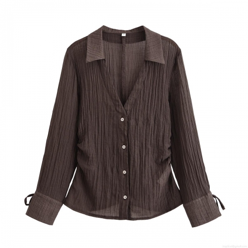 Women's Elegant Pleated Coffee Brown Long Sleeve Blouse With Bow Tie Cuffs V-Neck Button Down Transparent Polyester Shirt For Office Daily Wear