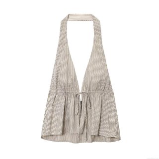 Women's Sexy Striped Halter Top Deep V-Neck Drawstring Waist Sleeveless Polyester Blend Slim Fit Camisole Summer Casual Beach Party Blouse