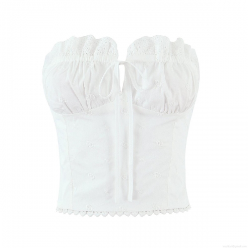 Women's French Style Embroidery Lace Bandeau Top Heart Hollow Out Drawstring Slim Fit Tube Top White Cotton Polyester Crop Top For Party Vacation Retro Sweet Style