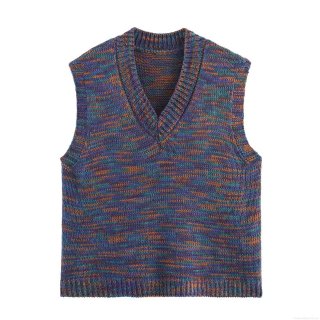 Women's V-Neck Knit Vest Sleeveless Multicolor Space-Dyed Polyester Sweater Ribbed Trim Casual Vintage Tank Top For Women Daily Fashion