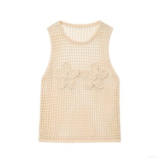 Women Crochet Hollow Out Vest Top With 3D Flower Appliques Boho Knitted Sleeveless Beige Camisole For Summer Beach Vacation