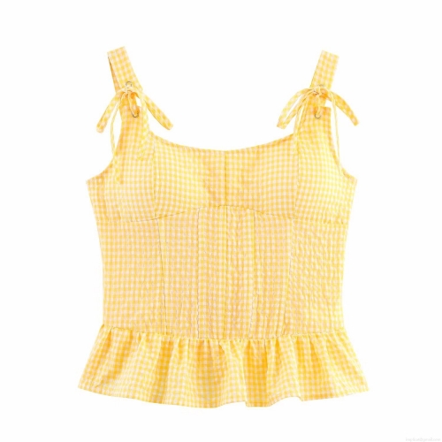 Women's Yellow White Gingham Plaid Camisole Top Bow Tie Shoulder Smocked Peplum Tank Top Sexy Backless Summer Beach Cami Top For Women