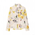 Elegant Floral Print Long Sleeve Shirt Women Casual Beige Ramie Polyester Blend Button Up Blouse Turn-down Collar Tops For Daily Commute