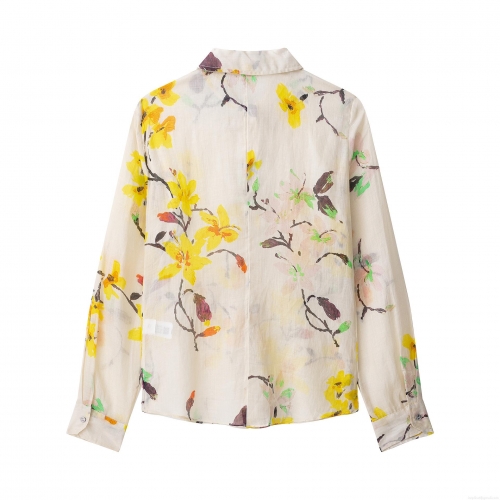 Women's Floral Print Long Sleeve Shirt Blouse Elegant Casual Button Down Lapel Collar 100% Polyester Linen-Like Texture Tops For Daily Vacation Beach