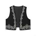 Vintage Women Black Embroidery Vest Bohemian V-Neck Open Front Sleeveless Waistcoat Ethnic Style White Scrollwork Embroidered Top for Women Casual Streetwear