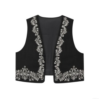 Vintage Women Black Embroidery Vest Bohemian V-Neck Open Front Sleeveless Waistcoat Ethnic Style White Scrollwork Embroidered Top for Women Casual Streetwear