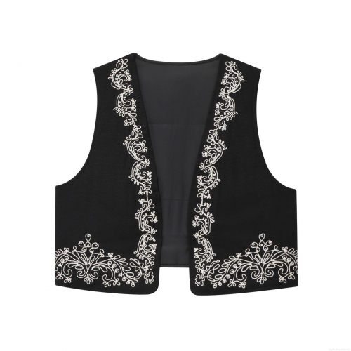 Vintage Women Black Embroidery Vest Bohemian V-Neck Open Front Sleeveless Waistcoat Ethnic Style White Scrollwork Embroidered Top for Women Casual Streetwear