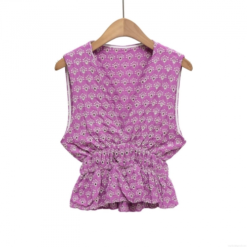 Women's Boho Purple V-Neck Sleeveless Top With Daisy Eyelet Embroidery And Smocked Waist Summer Chic Vest Top For Women