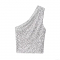 Women's Sexy One Shoulder Sequin Crop Top Shiny Silver Asymmetric Slim Fit Tank Top For Party Nightclub Evening Glitter Sleeveless Vest