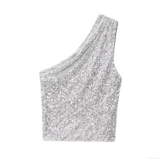 Women's Sexy One Shoulder Sequin Crop Top Shiny Silver Asymmetric Slim Fit Tank Top For Party Nightclub Evening Glitter Sleeveless Vest