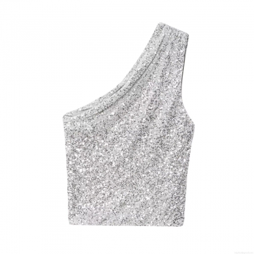 Women's Sexy One Shoulder Sequin Crop Top Shiny Silver Asymmetric Slim Fit Tank Top For Party Nightclub Evening Glitter Sleeveless Vest