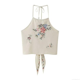 Sexy Women Halter Neck Top Floral Embroidery Pearl Beaded Backless Tie-Up Camisole Sweet Retro Beige Sleeveless Summer Tank Top