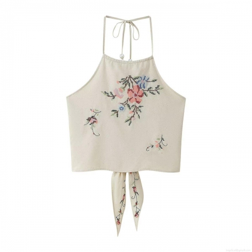 Sexy Women Halter Neck Top Floral Embroidery Pearl Beaded Backless Tie-Up Camisole Sweet Retro Beige Sleeveless Summer Tank Top