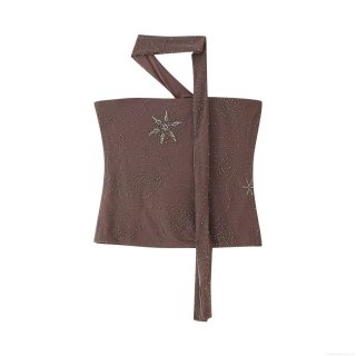 Women's Sexy Halter Neck Mesh Camisole Top With Heavy Beading And Sequins Star Pattern See-Through Party Clubwear Slim Fit Crop Top Coffee