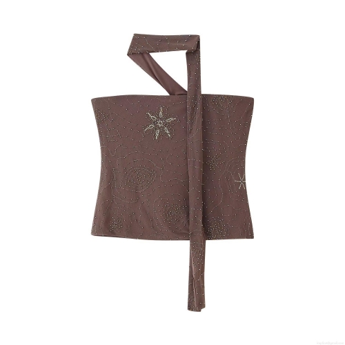 Women's Sexy Halter Neck Mesh Camisole Top With Heavy Beading And Sequins Star Pattern See-Through Party Clubwear Slim Fit Crop Top Coffee